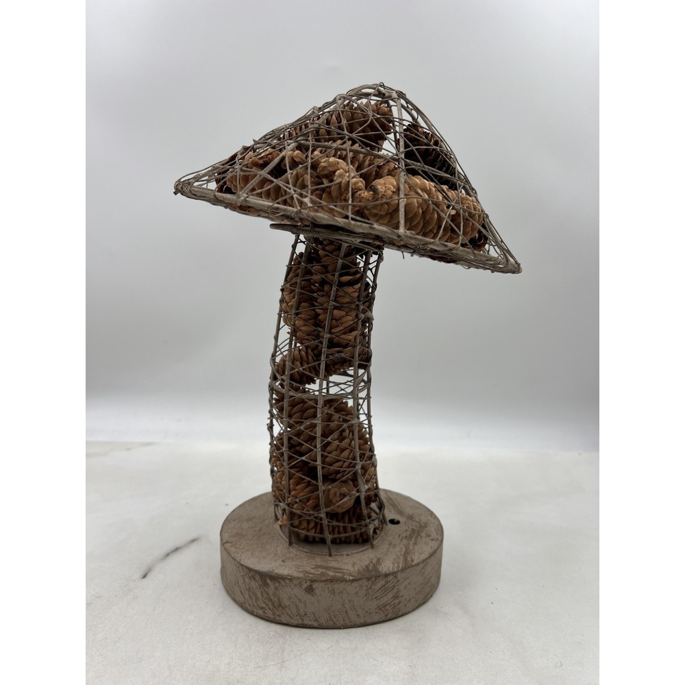 Rustic Wire Mushroom Sculpture with Pinecones Woodland Home Decor 12 Inch
